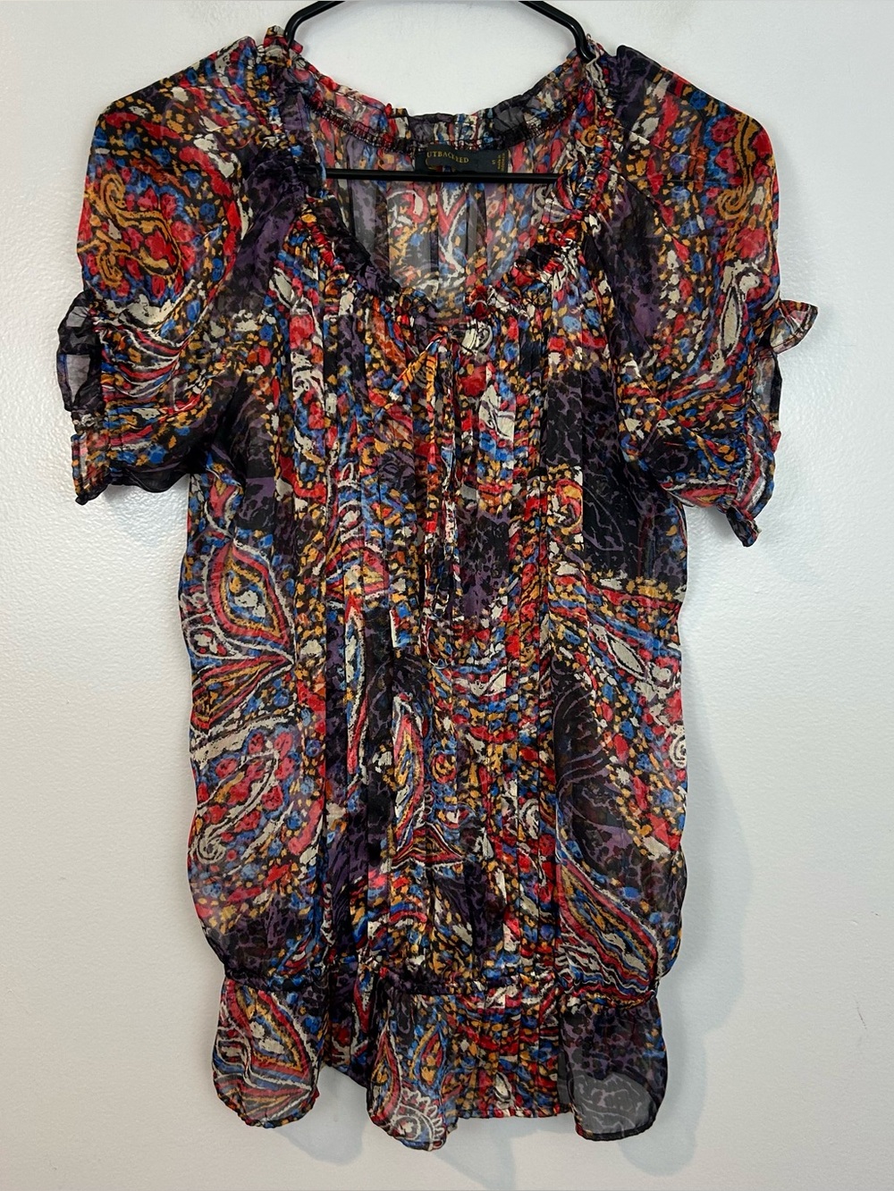 Outback Red Multicolor Semi Sheer Elastic Waist Short Sleeve Paisley Top Small